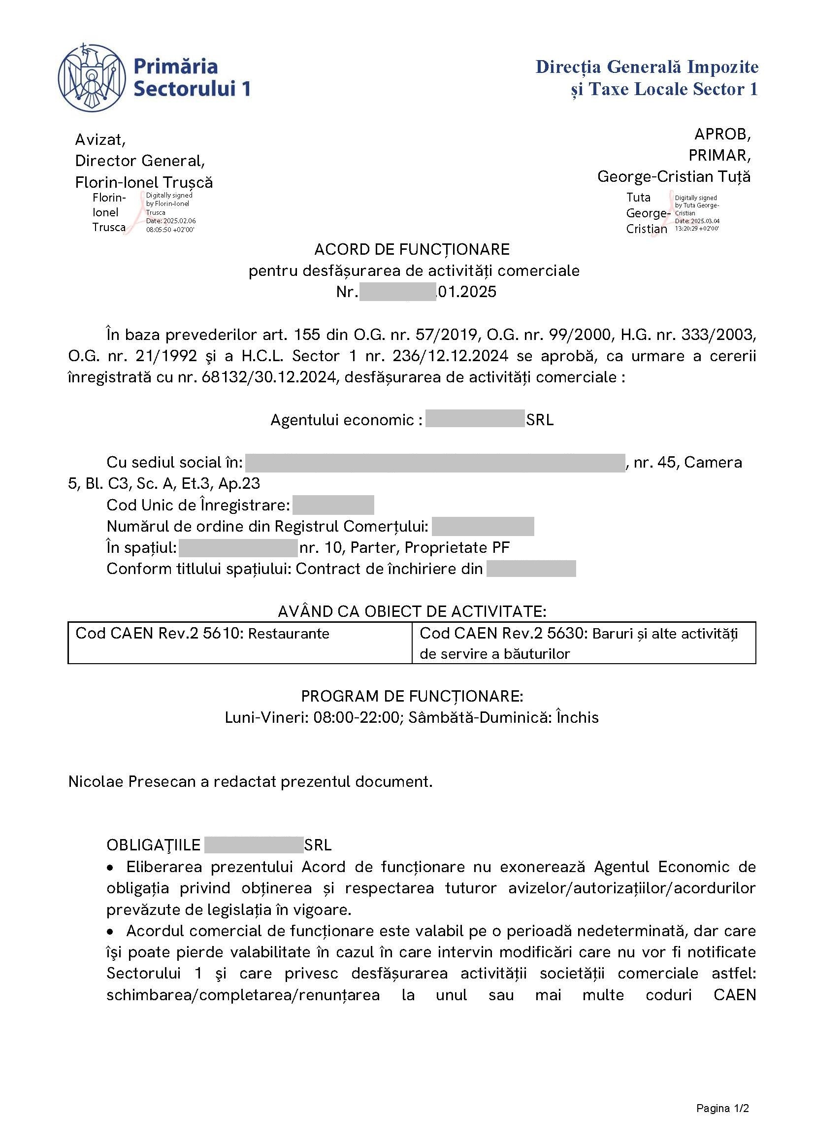 Autorizația de Funcționare Sector 1