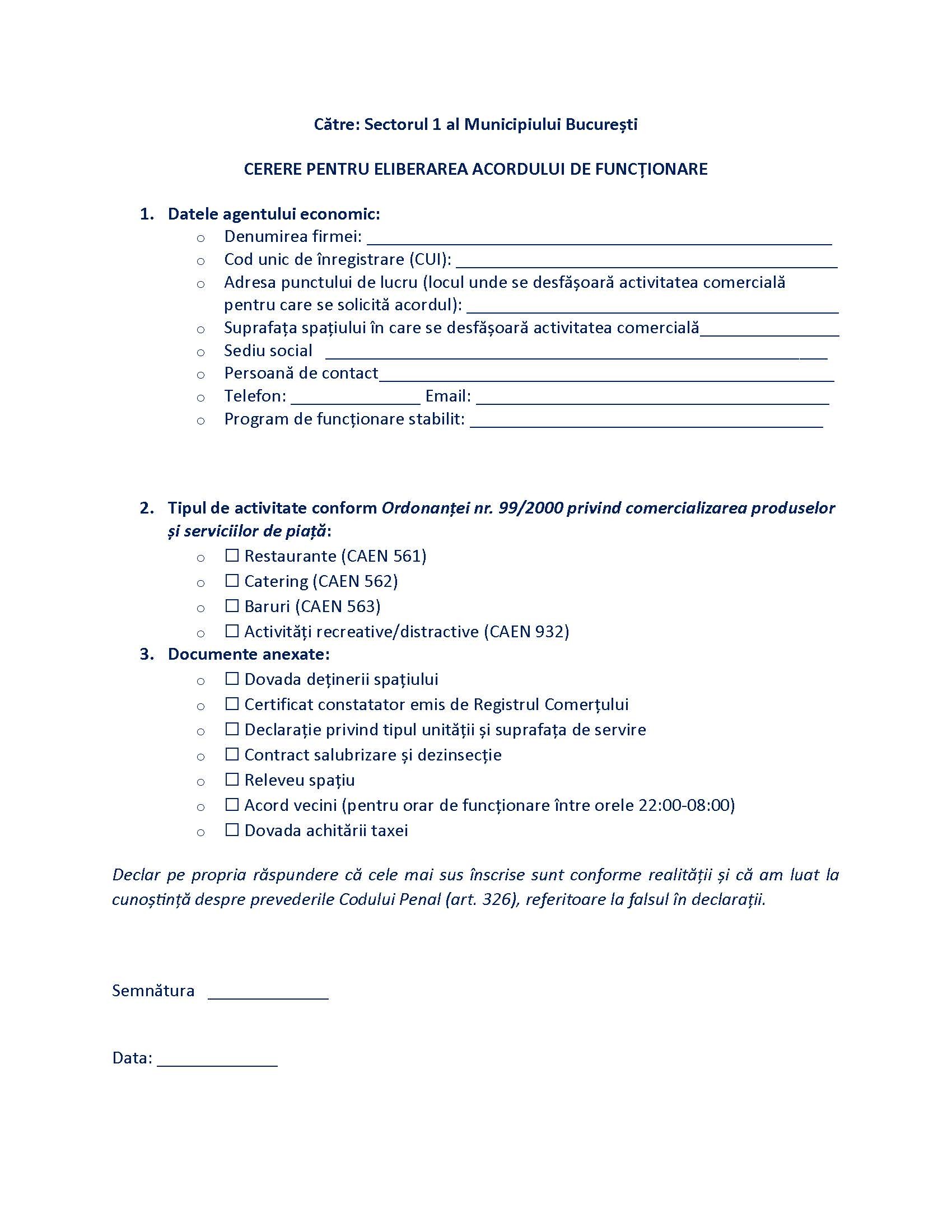 Cerere Acord de Functionare